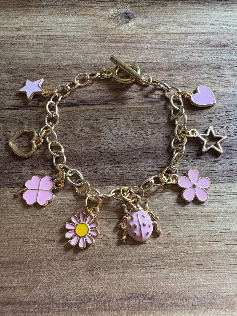 Handmade Gold-Tone Pink Charm Bracelet with Ladybug & Flowers